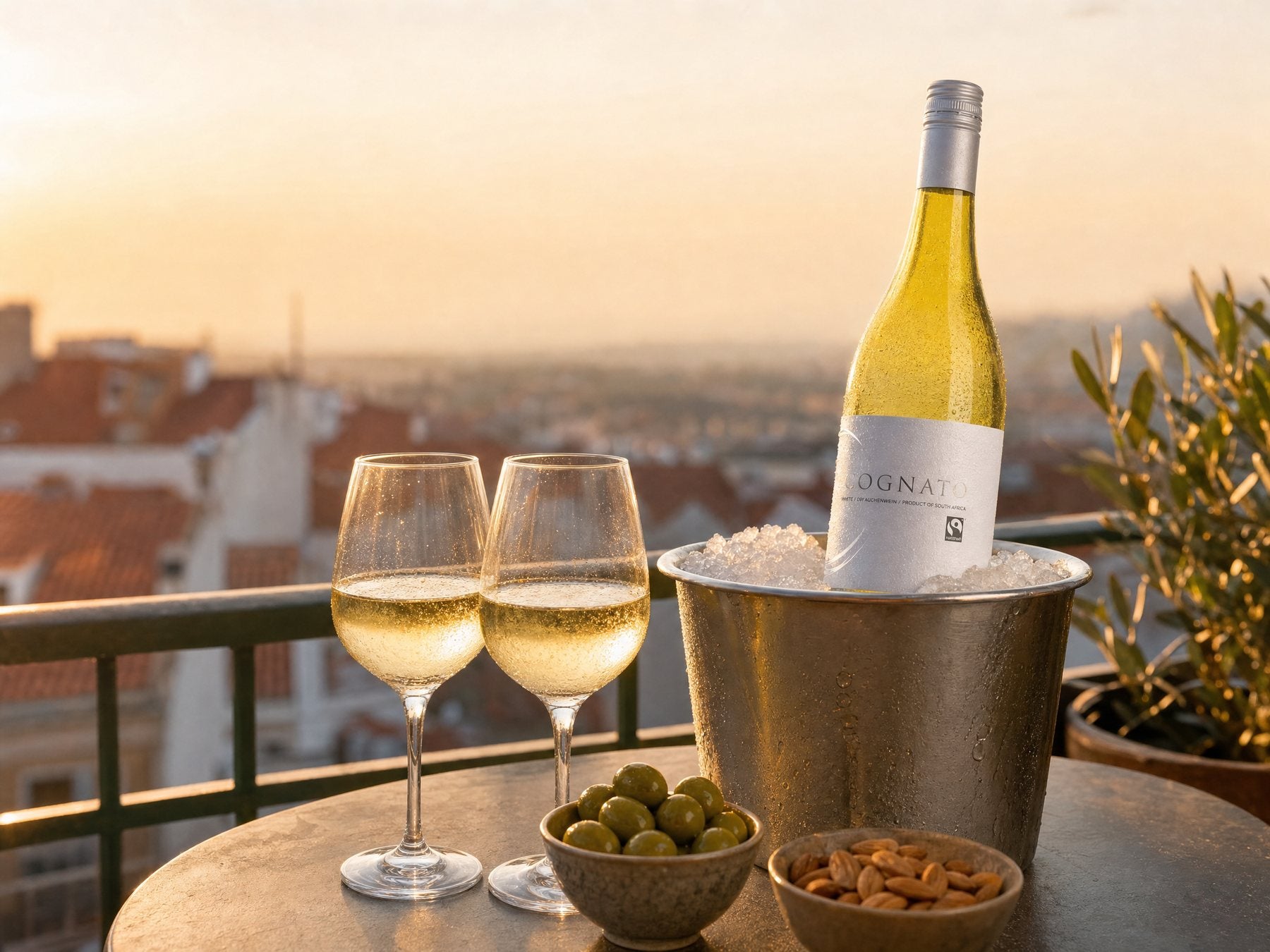 Cognato Chenin Blanc im Eiskübel auf dem Balkon