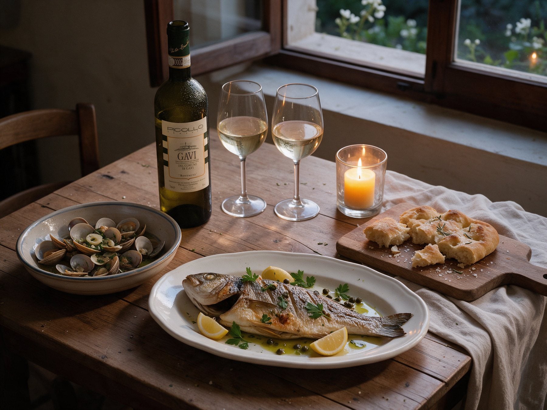 Gegrillter Fisch mit Zitrone, dazu Gavi di Gavi Rovereto