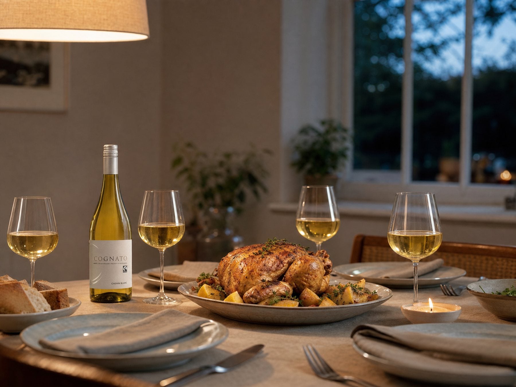 Gedeckter Tisch mit Cognato Chenin Blanc und Hähnchen