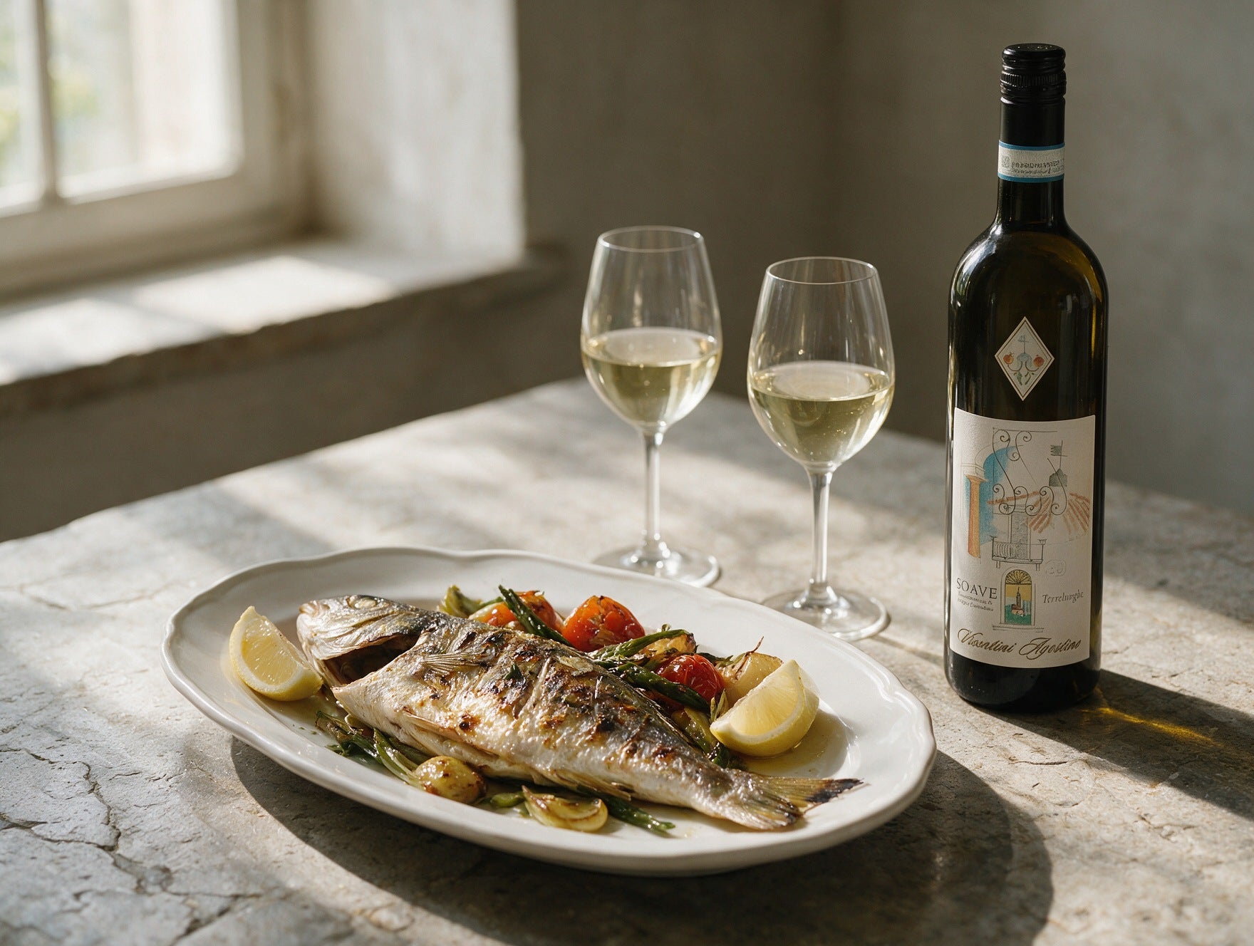 Illustrierte Szene: Fischgericht mit Soave