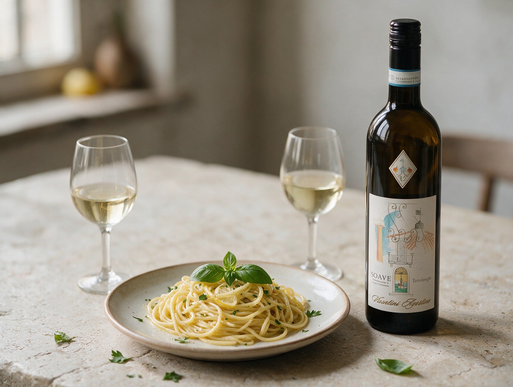 Illustrierte Szene: Pasta mit Soave